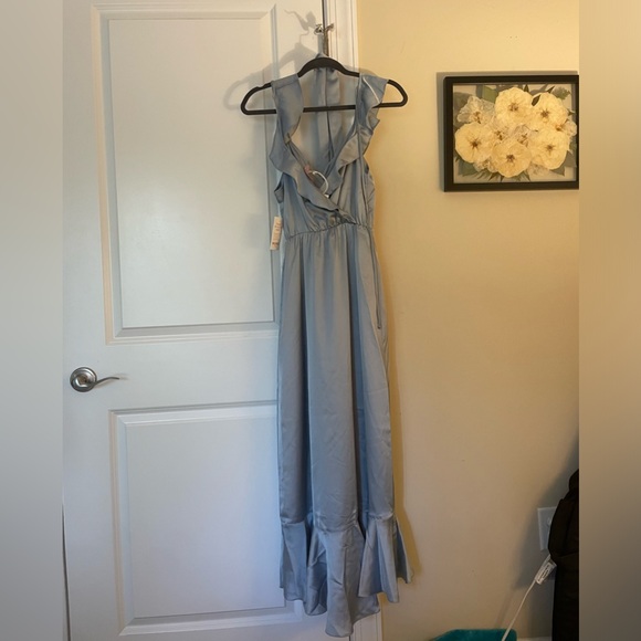 Samantha Ruffle Wrap Dress ~ Steel Blue Luxe Satin NWT SIZE SMALL - Picture 7 of 9